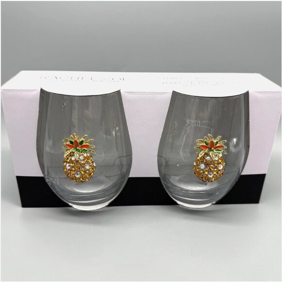 x2 Rachel Zoe Rhinestone Pineapple Stemless Wine Glass Set Gold Bling Tropical - Picture 2 of 5